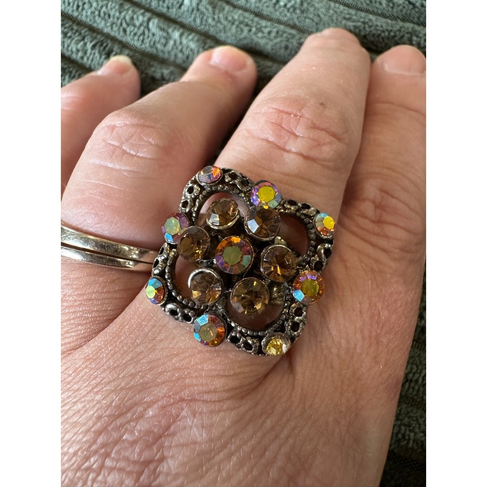 Statement Cocktail Ring Vintage Style Amber Rhinestone Adjustable Band